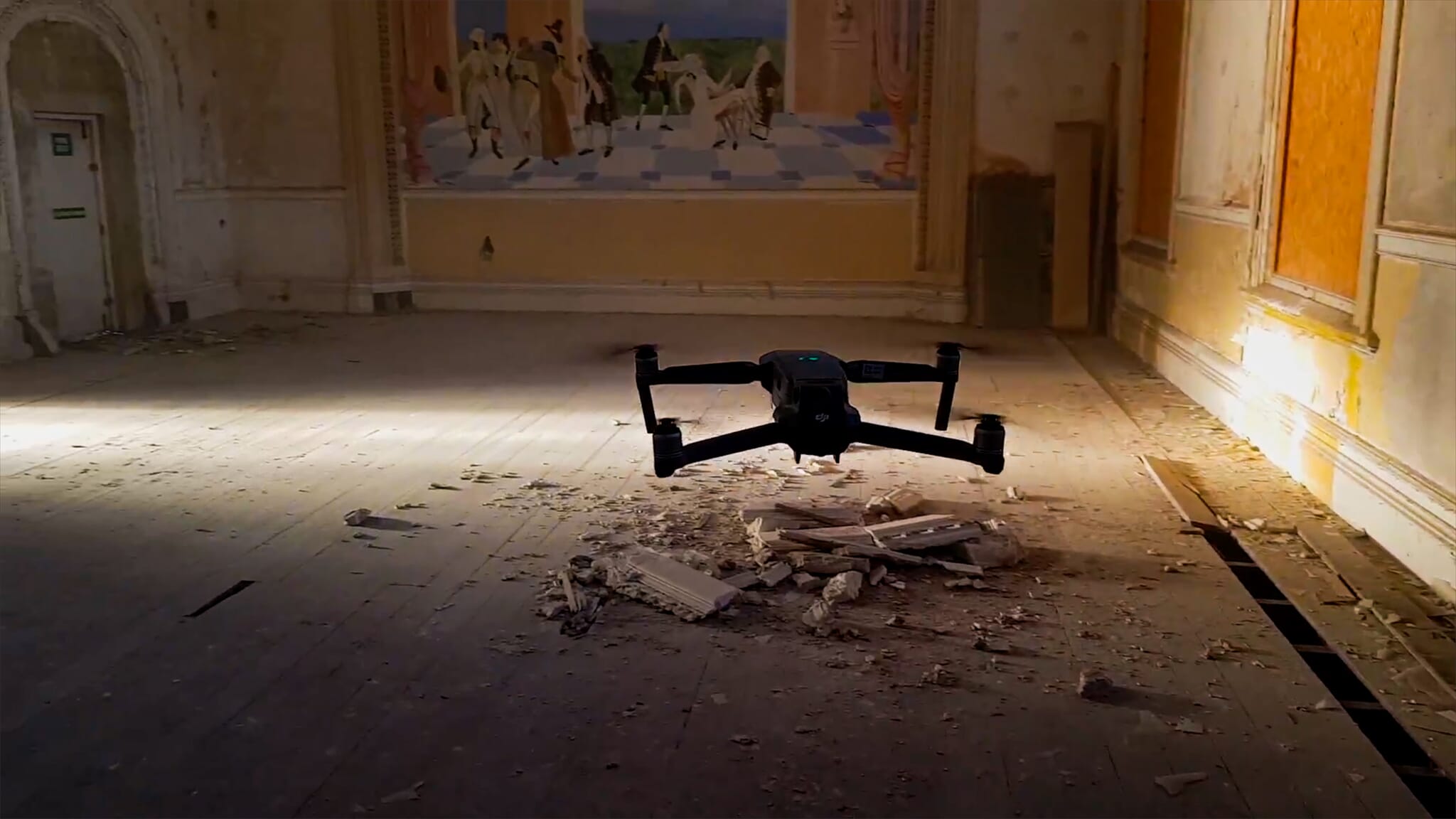 Filming with a drone in the ballroom at The Granville Hotel